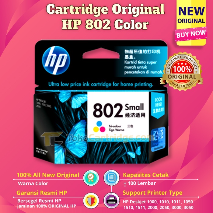 SET Cartridge HP 802 Black Color Tinta Printer Deskjet 2050 3050 1010