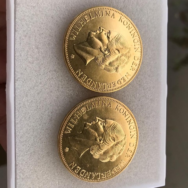 Koin Kuno Wilhelmina 1919 Warna Gold 2 Setengah Gulden Samping Bergerigi