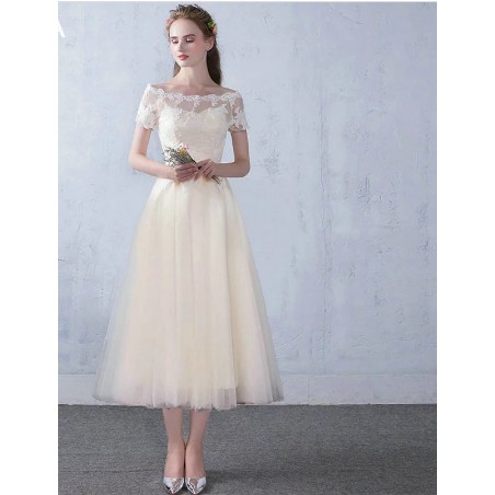 Short Lace Sleeve Tea Lenght Evening Dresses Women 2020 Tulle A Line Evening Party Dress
