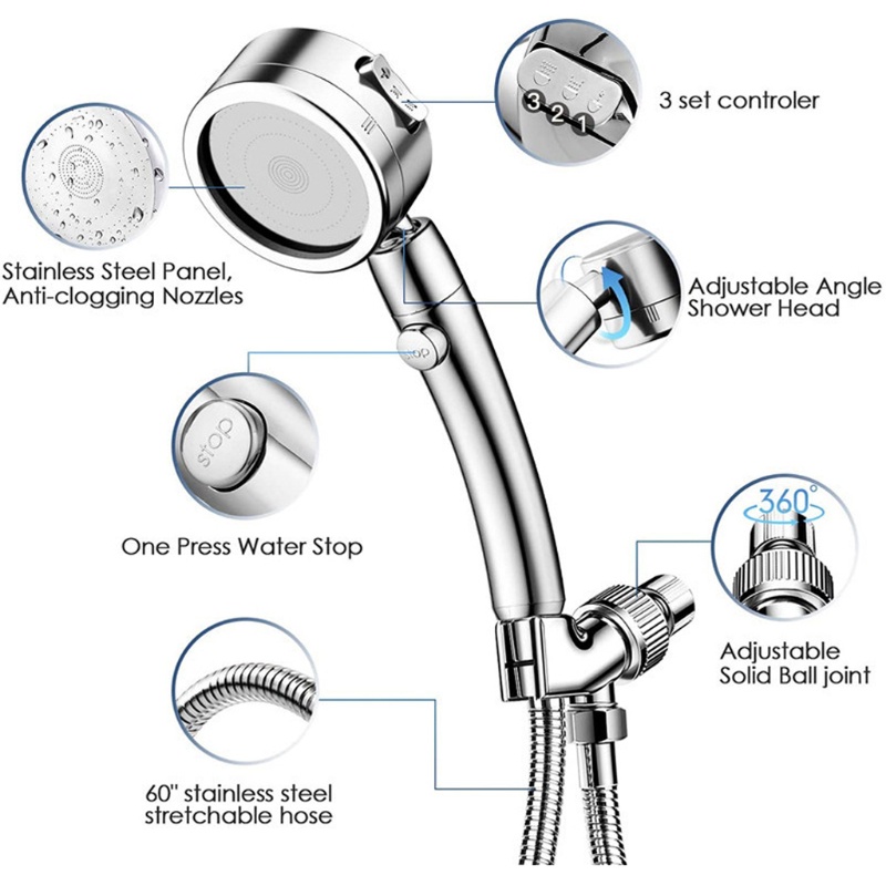 Kepala Shower Tekanan Tinggi Multifungsi 3 Mode Dengan Selang Dan Holder Untuk SPA