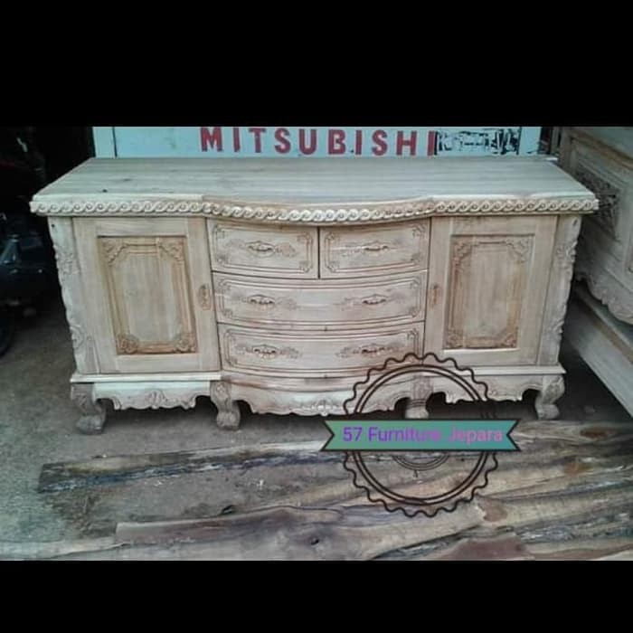 Bufet Tv ruang tamu jati mentahan - lemari pendek hias ukir Jepara