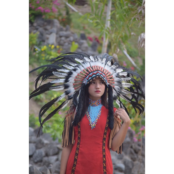 TOPI INDIAN - INDIAN HEADDRESS DOUBLE FEATHER HITAM TUTUL PUTIH