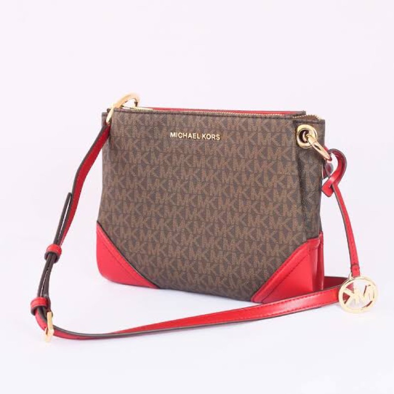 Tas MK original - Michael Kors nicole large triple compartment in signature brown scarlet