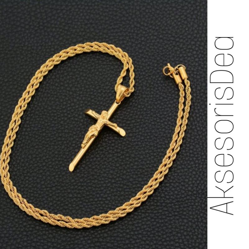 KALUNG TITANIUM GOLD RANTAI TAMBANG BANDUL SALIB / KALUNG PRIA WANITA