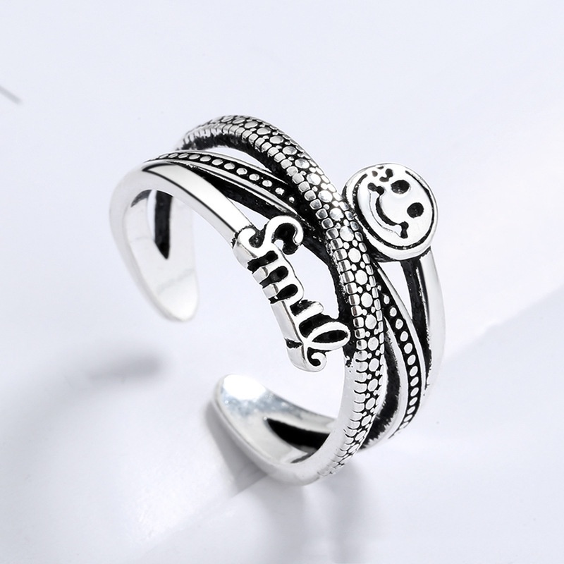 Cincin Jari Telunjuk Model Terbuka Banyak Lapis Desain Wajah Tersenyum Aksen Berlian Imitasi Gaya retro Korea Untuk Pria