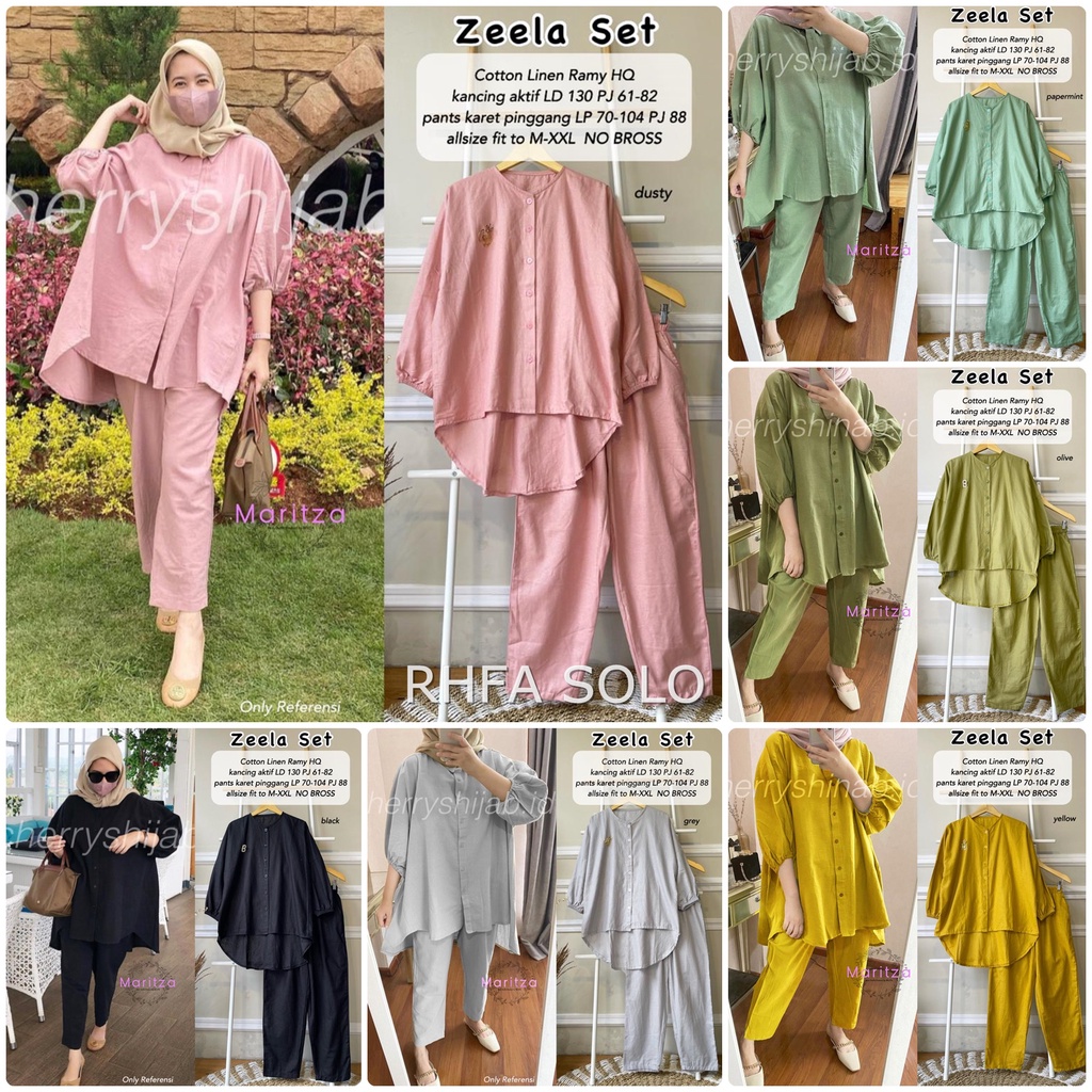 ZEELA SETELAN NEW / 19.7 / BAHAN KATUN LINEN RAMI / LD 130 CM / PB 61-82 CM / LP MAX 7-14 CM / PC 88 CM / ALLSIZE / FIT TO XL / MARITZA