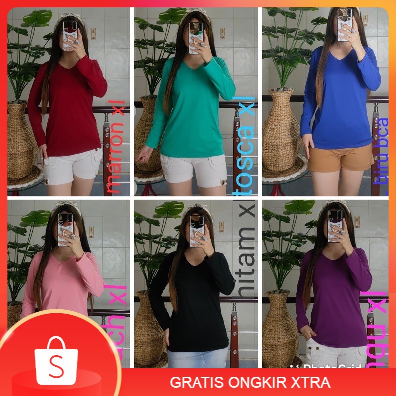 Manset Kaos Tebal V neck Kaos Polos Panjang Kaos Deker Manset Baju Hijabers