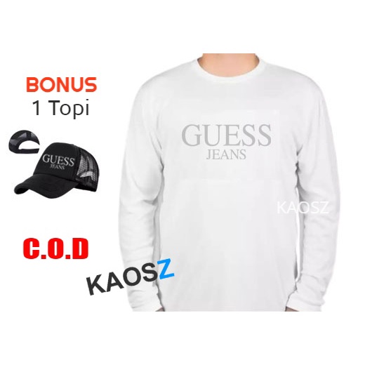 BONUS Topi - Kaos Distro Guess Jeans Silver Premium Fashion Pria Wanita Lengan Panjang
