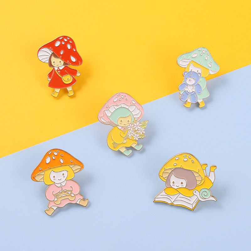 Mushroom Girl Enamel Pin Flower Book Bear Brooch Badges Clothes Lapel Pin Cap Bag Creative Fun Jewelry Gift For Child