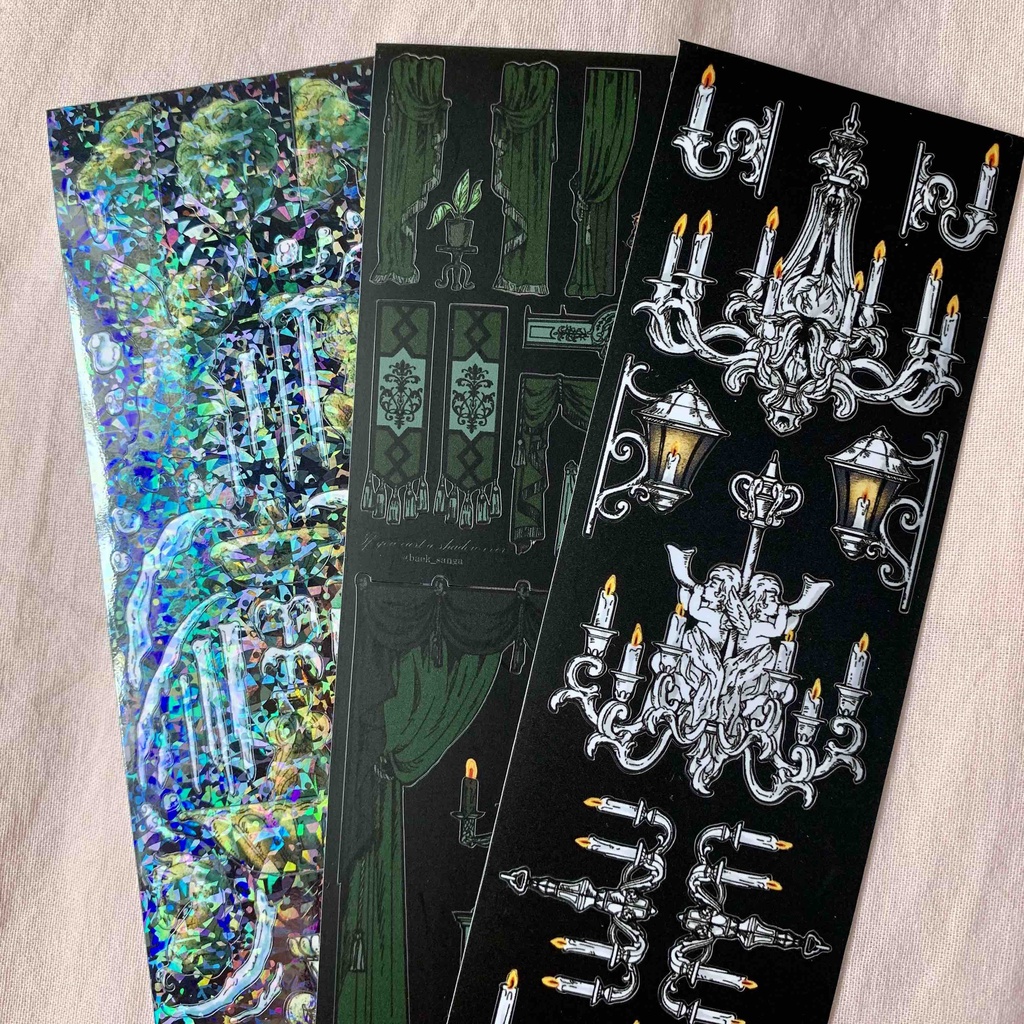 

Baek Sanga sticker korea polco deco curtain, chandelier, illustration, garden, bush, candle