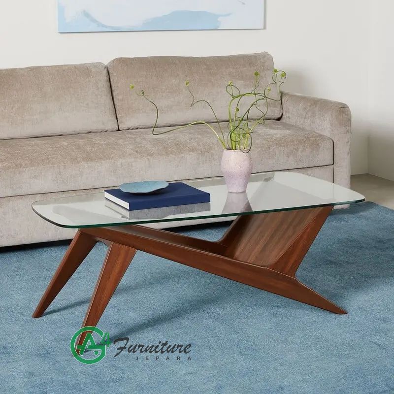 Meja Tamu Minimalis Modern Top Kaca Rangka Kayu Jati
