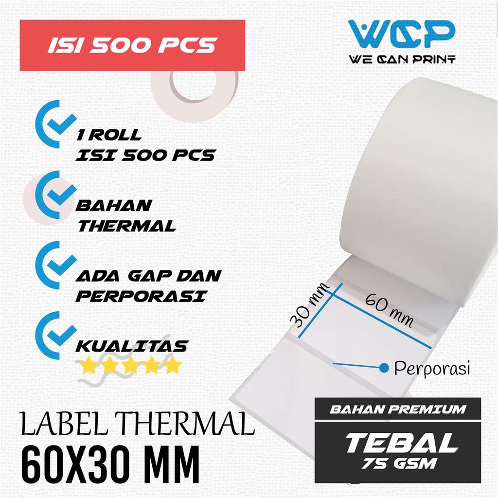 

Kertas Struk Printer Stiker Label Barcode Thermal Paper Resi 60mm 30mm 60x30 isi 500 pcs