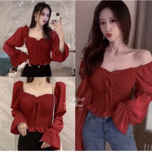 BEVERLY Baju Sabrina Atasan Wanita Korean Crop Top Blouse Kerut/Serut Lengan Panjang Jumbo Sabrina