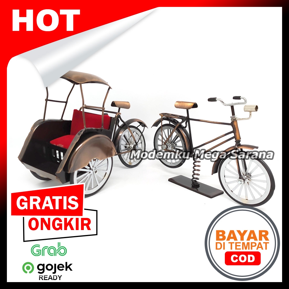 Paket isi 2 - Miniatur Becak &amp; Sepeda Ontel Logam Kawat