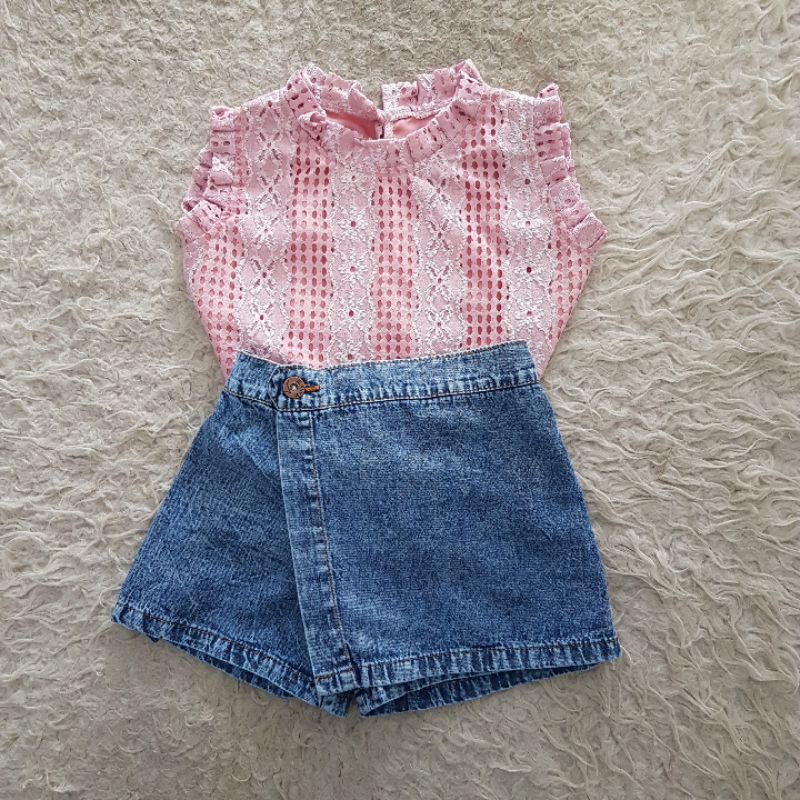 Baju Rok Jeans Anak setelan kaos rib skort jeans