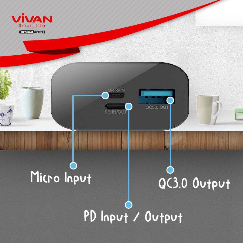 Powerbank VIVAN Original Power Bank 10000mah VPB-G10 mah Fast PD QC3.0 + Kabel Data Type C to Type C