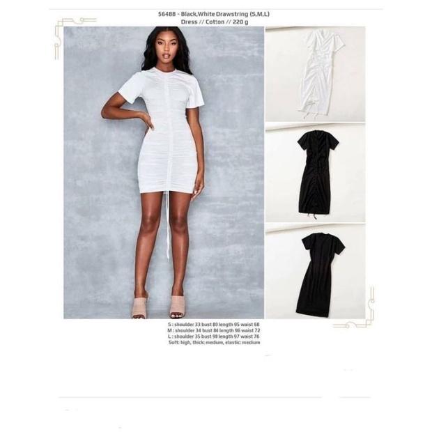 Dress kasual polos tali serut depan hitam putih lengan pendek