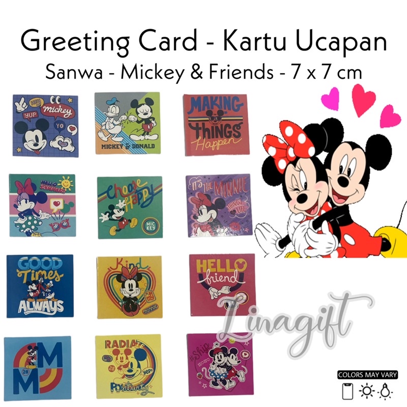 ( Set 12 Pc ) GREETING CARD SANWA 7X7 - KARTU UCAPAN SANSAN WAWA - GIFT CARD MICKEY PRINCESS HELLOKITTY FROZEN TSUM SPIDERMAN BIRTHDAY