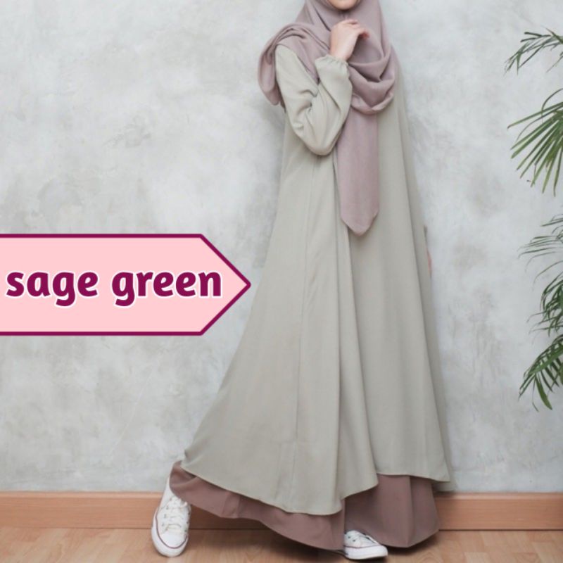 Gamis Dress Long Tunik Panjang Jumbo Sage Green Ld 85 90 100 110 120 130 140 150