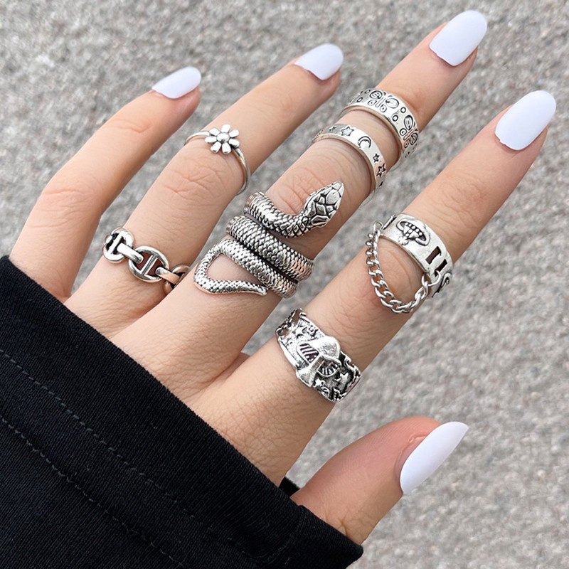 Set Cincin Rantai Ular Desain Kupu-Kupu Gaya Punk Gothic Vintage Untuk Wanita