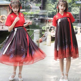 Hanfu Dress Mini O neck Lengan Panjang Motif  Bordir Bunga 