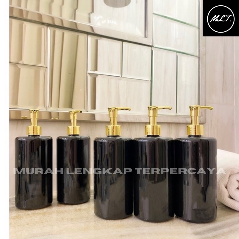 BOTOL PUMP 500ML HITAM GLOSSY PUMP LUXURY GOLD PET BLACK SOLID PUMP LOCK CLIP OIL GOLD LUXURY