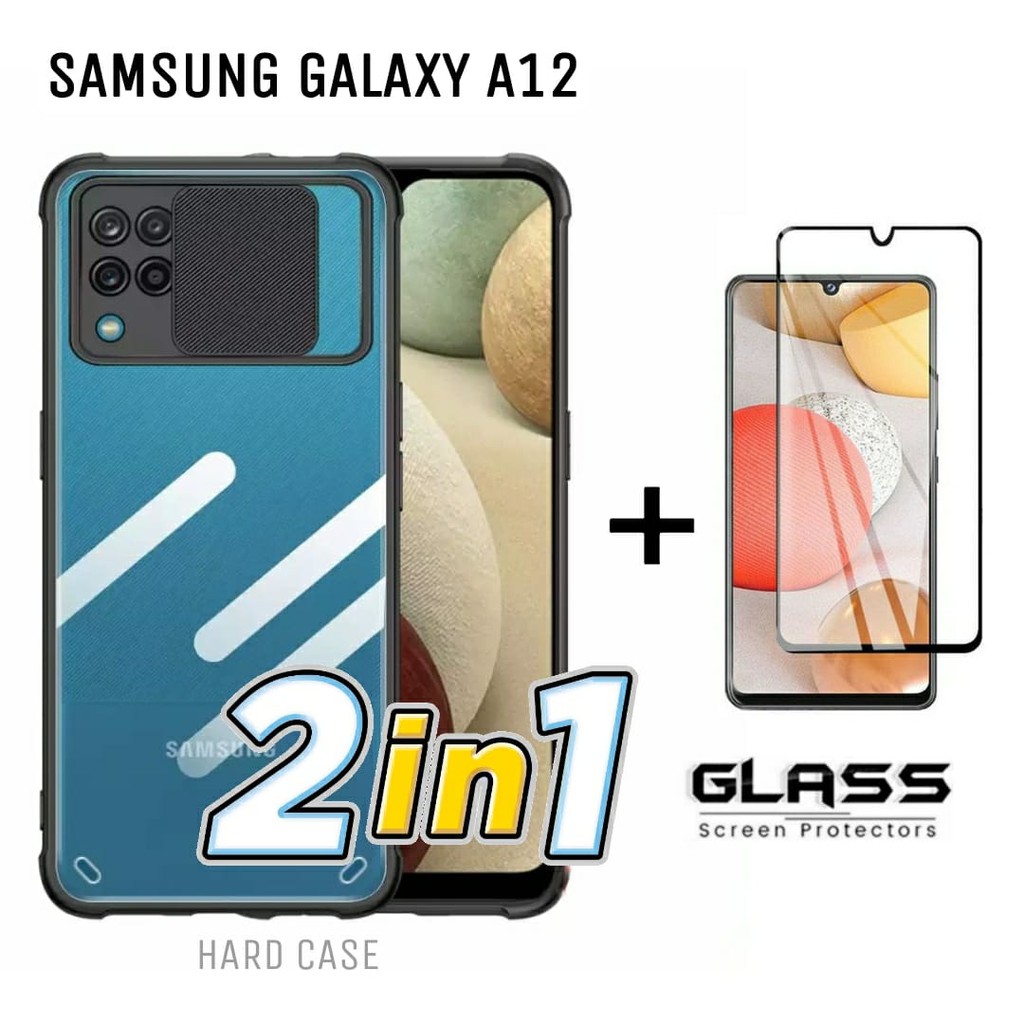 Case SAMSUNG GALAXY A12 Paket 2in1 Hard Case Fusion Sliding Free Tempered Glass Layar Handphone