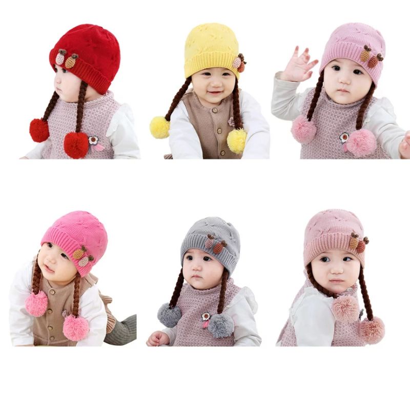 JF COLLECTION [Bordir Nama] Topi Kupluk Rajut Kepang Anak Bayi Perempuan Hiasan Nanas Rambut Kuncir-6