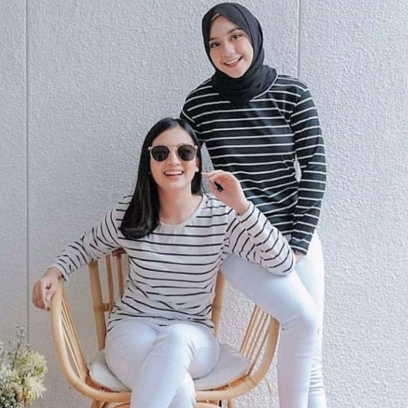 Kaos Lengan Panjang Salur Hitam Putih / Kaos Stripe Wanita Lengan Panjang