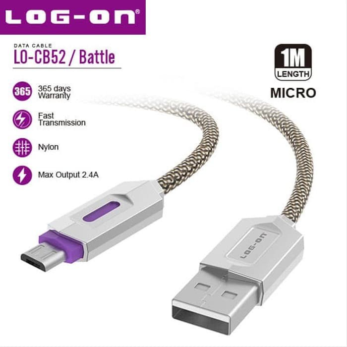 KABEL DATA BATTLE LO-CB52 MICRO USB V8 CABLE 2.4A FAST CHARGING LOG ON