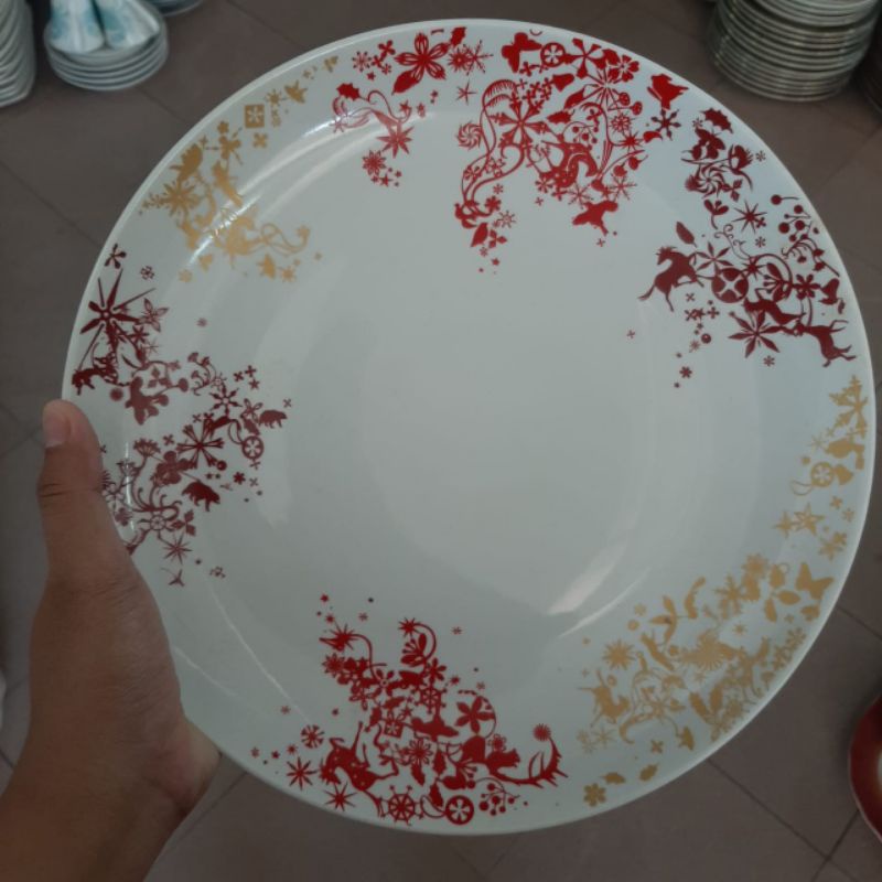 CHRISTMAS DINNER PLATE PIRING KERAMIK SANGO MOTIF TEMA NATAL WINTER SALJU WARNA MERAH PUTIH DEKOR KO
