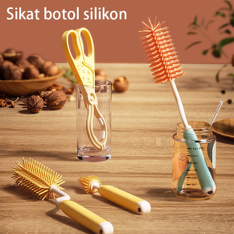 Sikat Botol Silikon Set / 3 in 1 Sikat Pembersih Botol Sedotan / Dot Susu Bayi Sikat Cuci Botol Silikon Set - Ungu