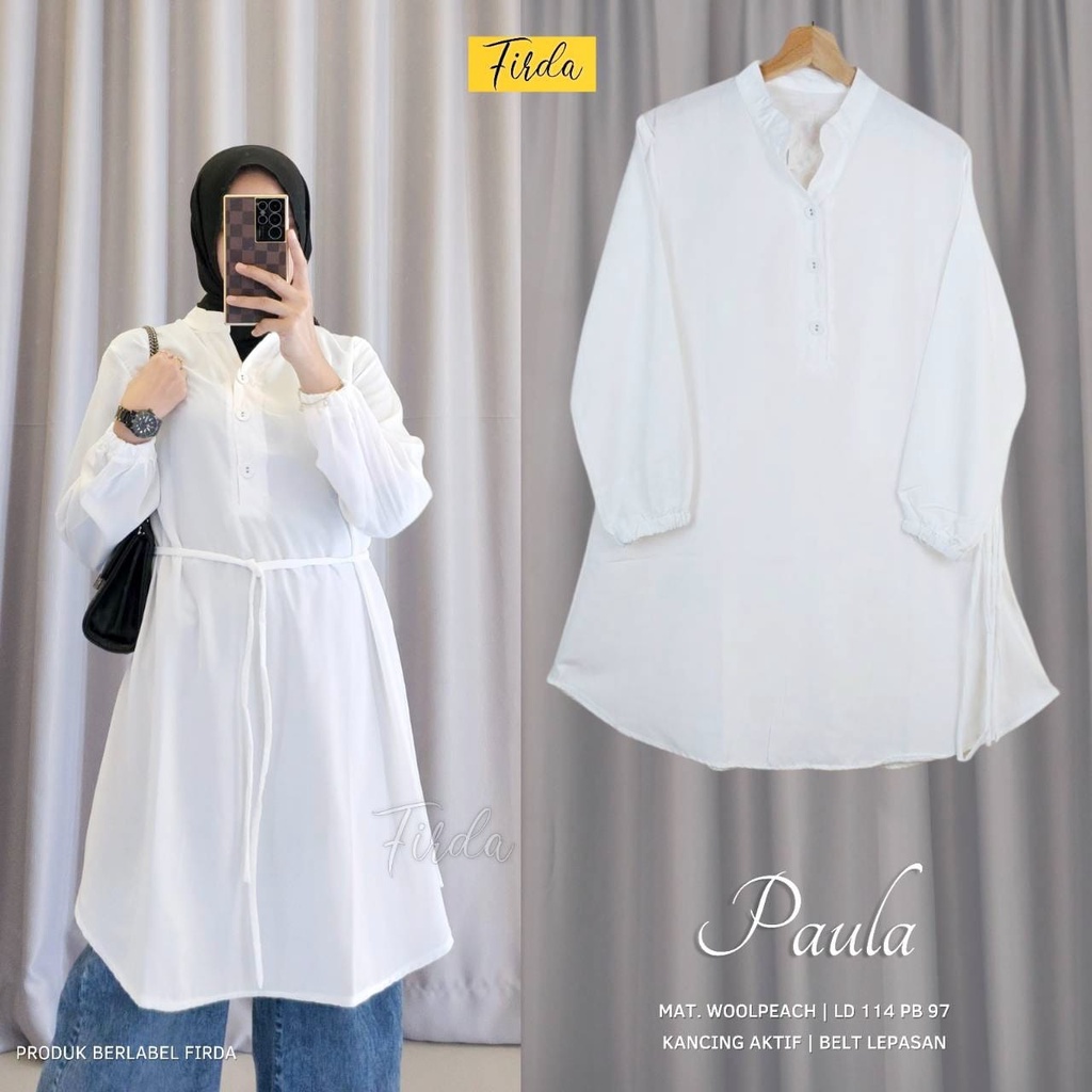 Paula Tunik Firda Atasan Wanita Lengan Panjang Warna Putih Jumbo Bigsize LD 110 120 XXXL Bahan Wollp