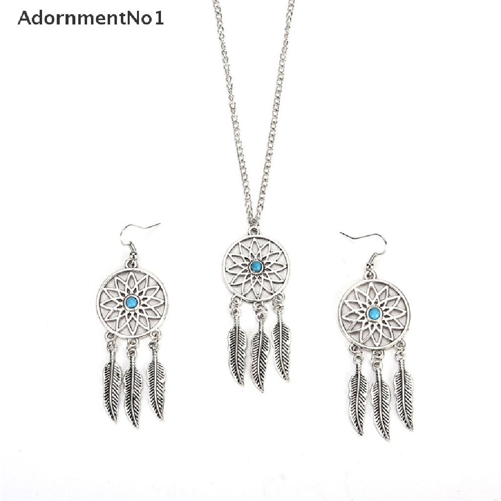 (AdornmentNo1) Set Kalung + Anting Gantung Panjang Kait Gaya Bohemia Motif Dreamcatcher + Daun + Bulu Untuk Wanita