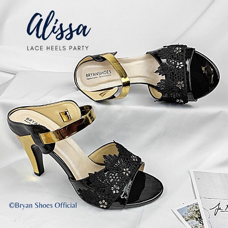 Bryan Alissa Heels Pesta Glossy 9cm Renda Brokat Brukat Mote Sepatu Hak Pump Sol List Glossy Gold