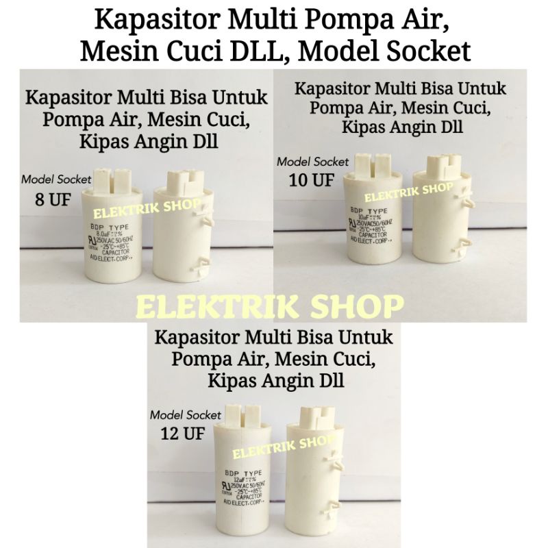 KAPASITOR SOCKET MULTI BISA UNTUK POMPA AIR MESIN CUCI DLL UKURAN 8UF 10UF 12UF