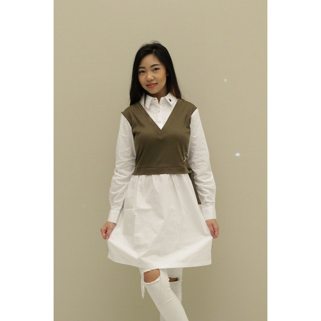 Setelan Wanita Set Outer Missty Warna Cokelat Putih Kombinasi Kerah /Fashion Muslim Premium Termurah