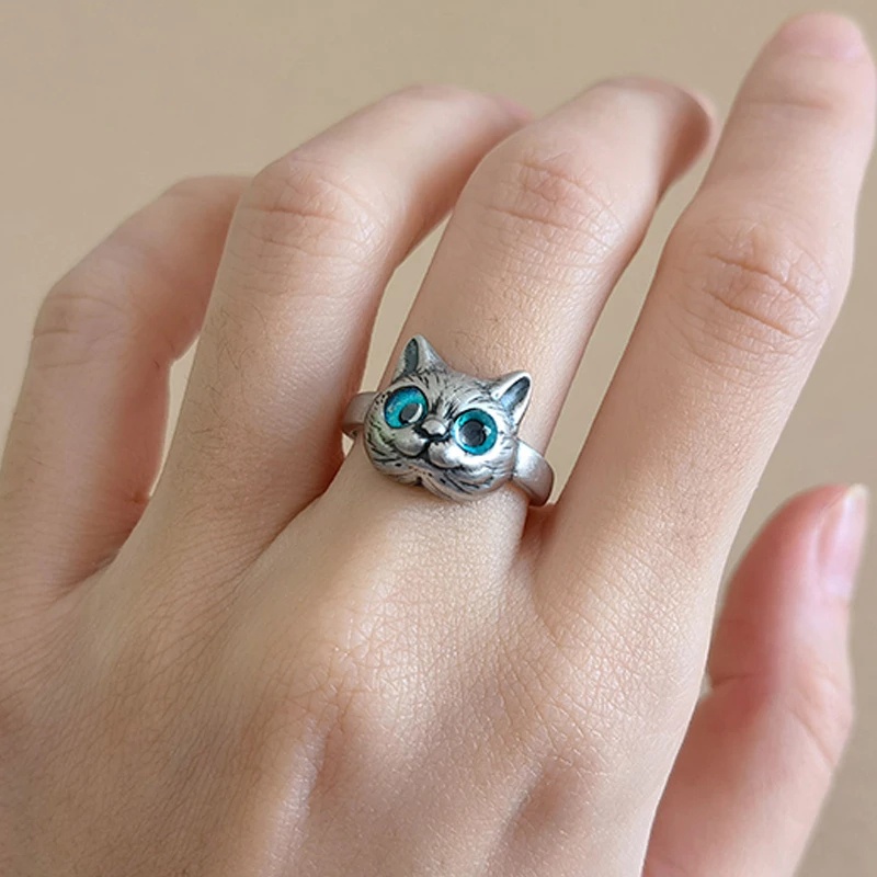 Cincin Model Terbuka Dapat Disesuaikan Desain Hewan Mata Kucing Warna Biru Gaya Vintage Untuk Wanita