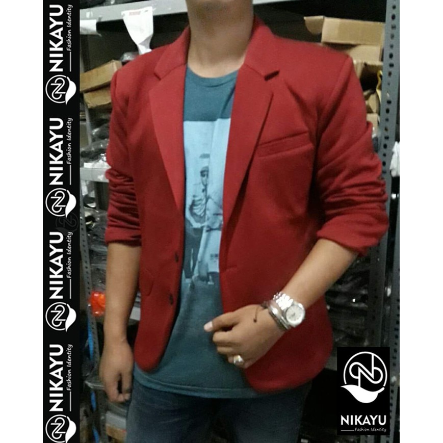 PROMO SUPER MURAH !! Blazer FLEECE MAROON - Jas Pria Casual SLimfit Korea Style