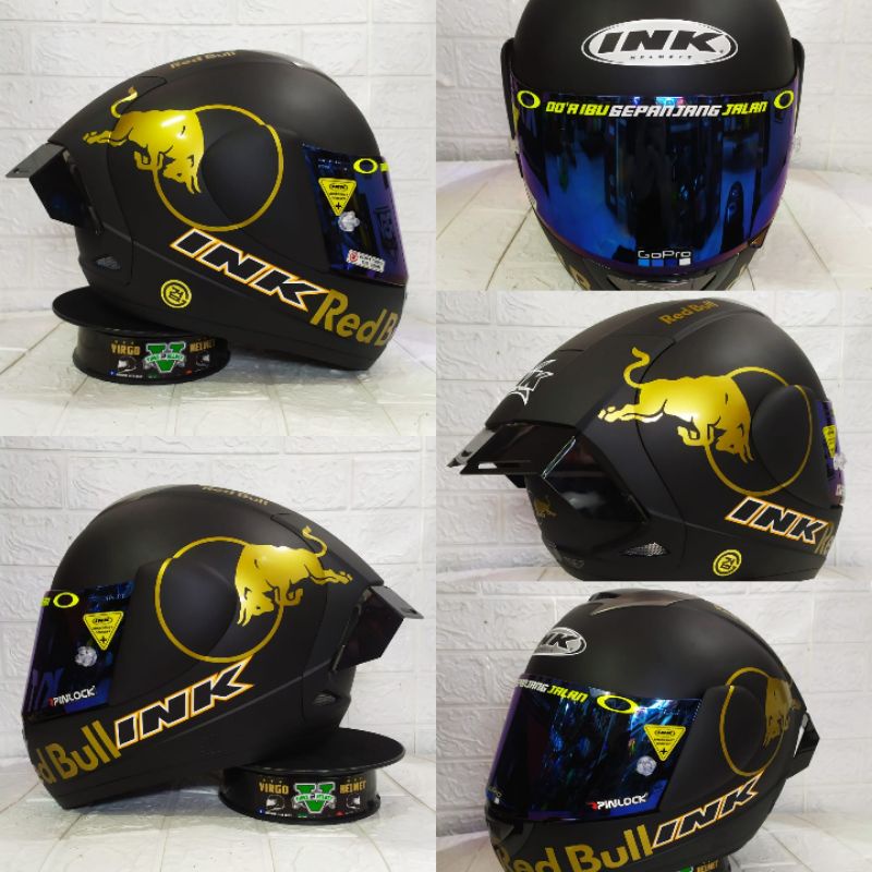 HELM INK CL MAX BLACK DOFT PAKET GANTENG STIKER RED BULL VLAT VISOR IRIDIUM + SPOILER AKRILIK + STIK