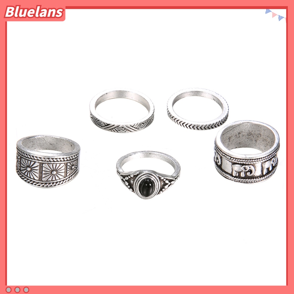 Bluelans 5Pcs Carving Elephant Round Stone Stacking Women Retro Knuckle Ring Jewelry