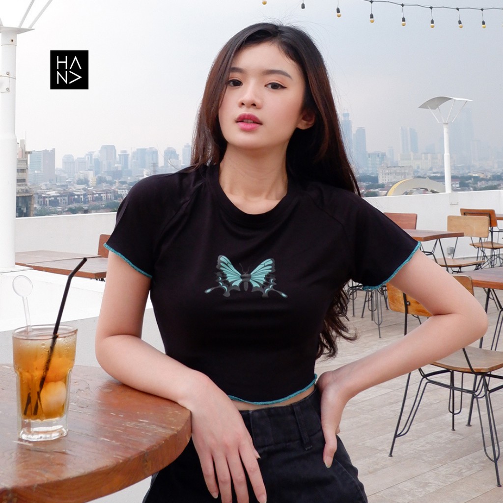 HanaFashion.JKT - Mariposa Crop Top Kaos Butterfly Murah Wanita - CT150