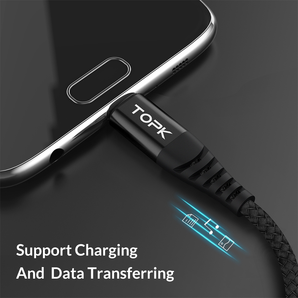 TOPK Kabel Data Micro USB Bahan Nilon Braided Panjang 1M Untuk Samsung Huawei Xiaomi
