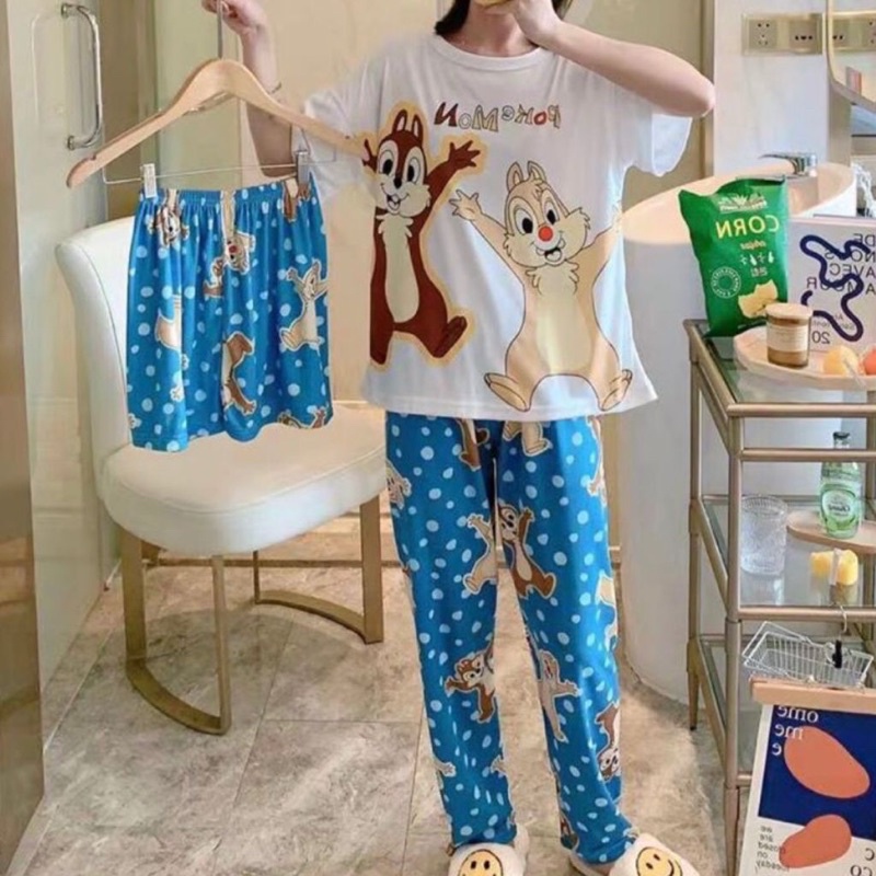 JC- Stelan Oversize 3in1 Import / Piyama 3in1 / Piyama Korea wanita terbaru Murah-3in1 Chip WhiteBlue