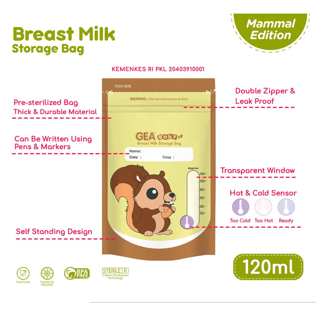 GEA Baby Kantong Asi 120ml 200ml 250ml | Kantong Susu Bubuk GEA 50g | Breast Milk Storage Bag 30pcs