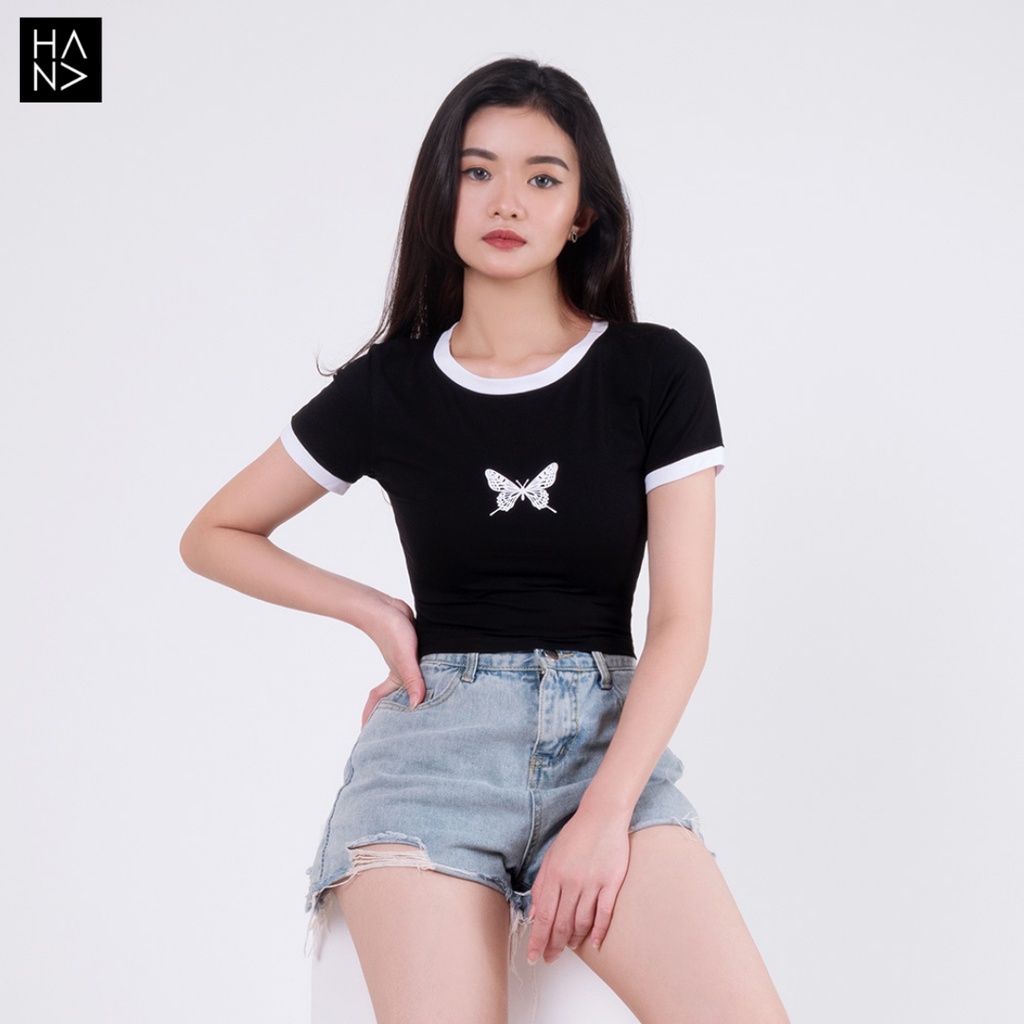 HanaFashion JKT - Butterfly Crop Top Kaos Lengan Pendek Wanita - CT061