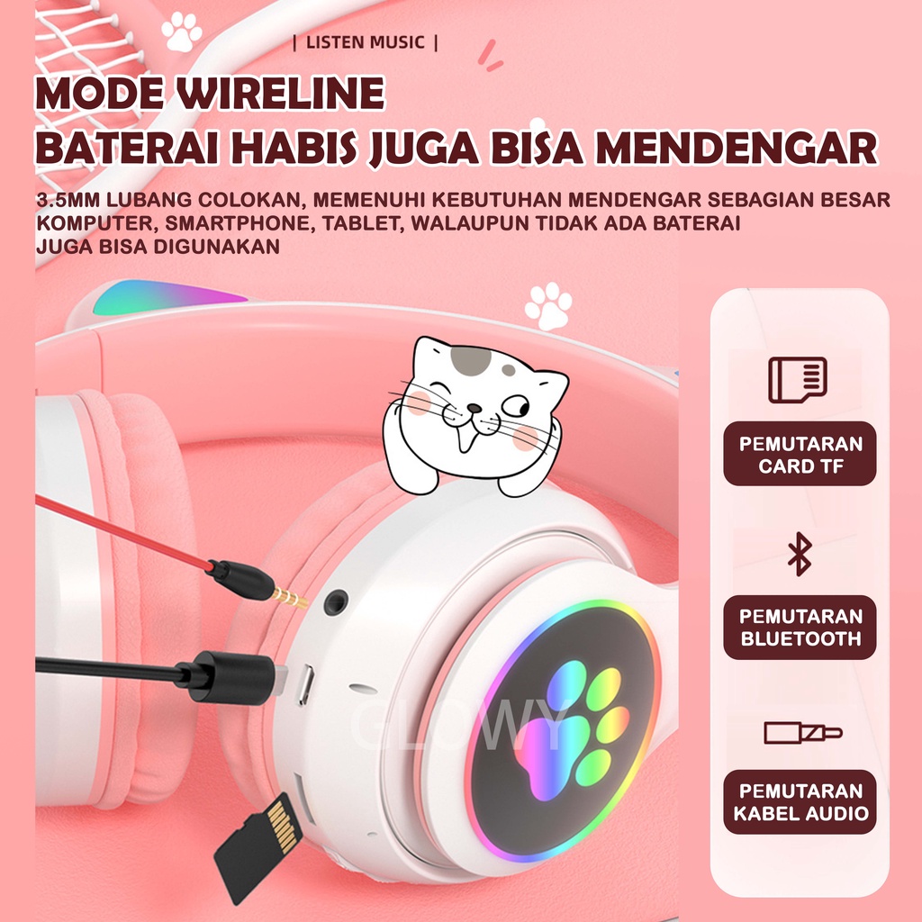 Hadiah ulang tahun telinga kucing baru bluetooth 5.0 headset nirkabel tren lucu headset olahraga hadiah ulang tahun headset gaming baterai super tahan lama 10 JAM