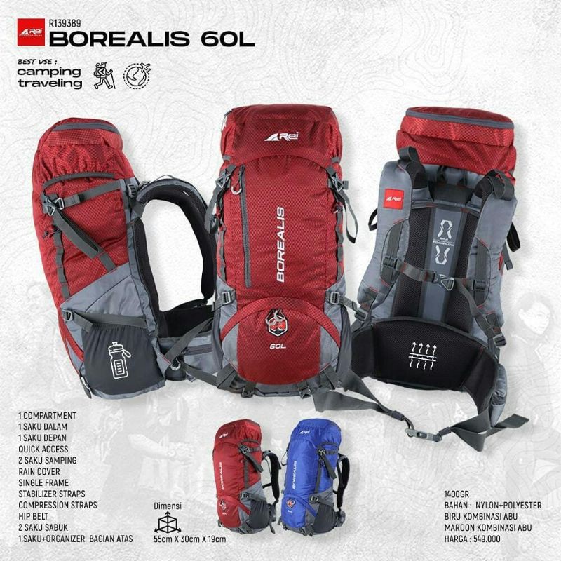 Tas Gunung Keril Rei Borealis 60L Free Raincover