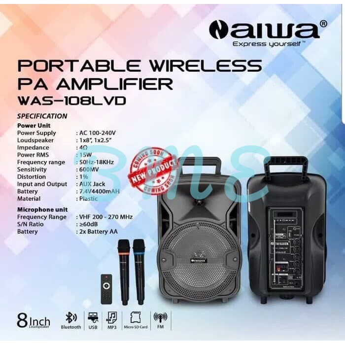 Speaker Portable AIWA 8inch WAS 108 LVD 2 mic pegang