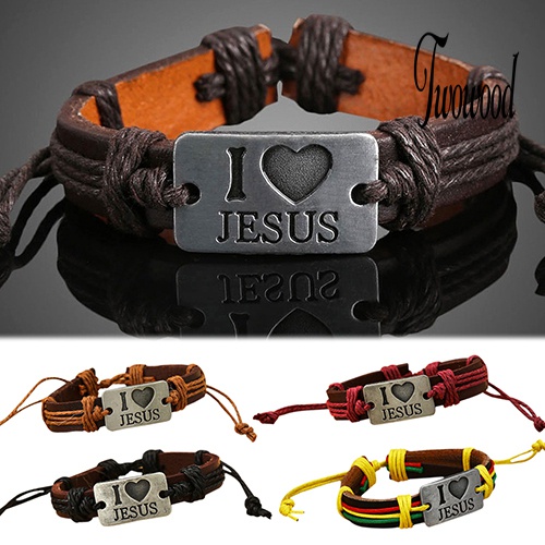 Gelang Tali Rami Adjustable Bahan Kulit Imitasi Motif I LOVE JESUS Untuk Unisex